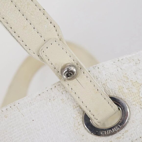 CHANEL Paris Biarritz MM Tote Bag Coated Canvas White Silver CC Auth - Picture 8 of 15